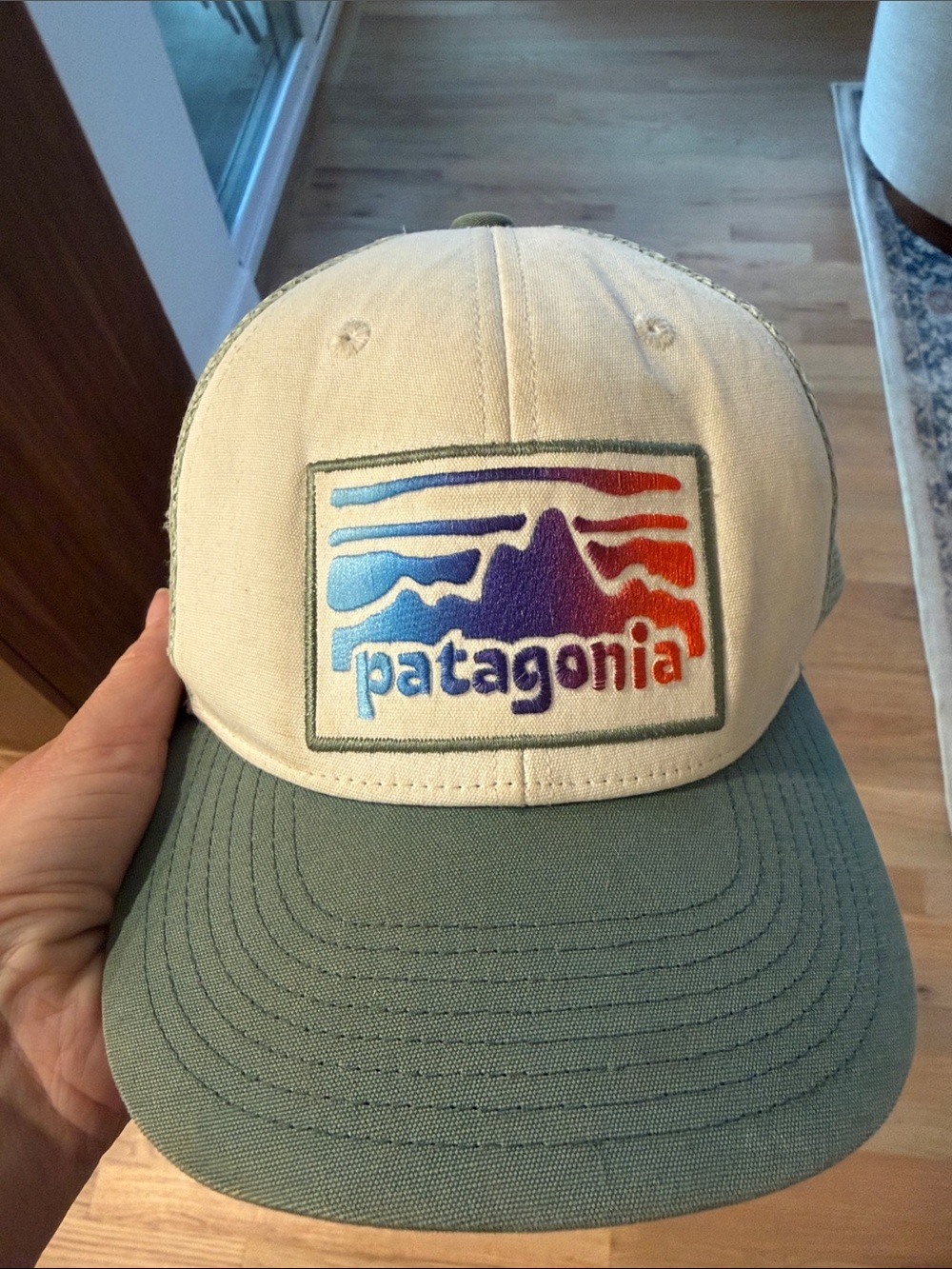 Patagonia Trucker Hat with Multicolor Logo and Green Brim